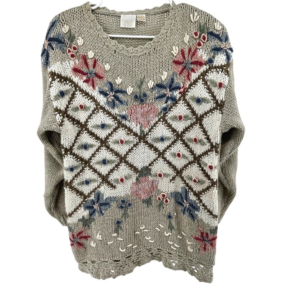 Vintage Needles & Yarn Floral Sweater Pullover V Neck Crochet Knit Beige Small